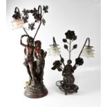 A figural spelter lamp base modelled as a young couple, with frosted glass shade (one shade