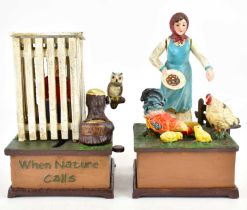 Two replica cast metal money banks comprising 'When Nature Calls', 19 x 12 x 12cm, and lady