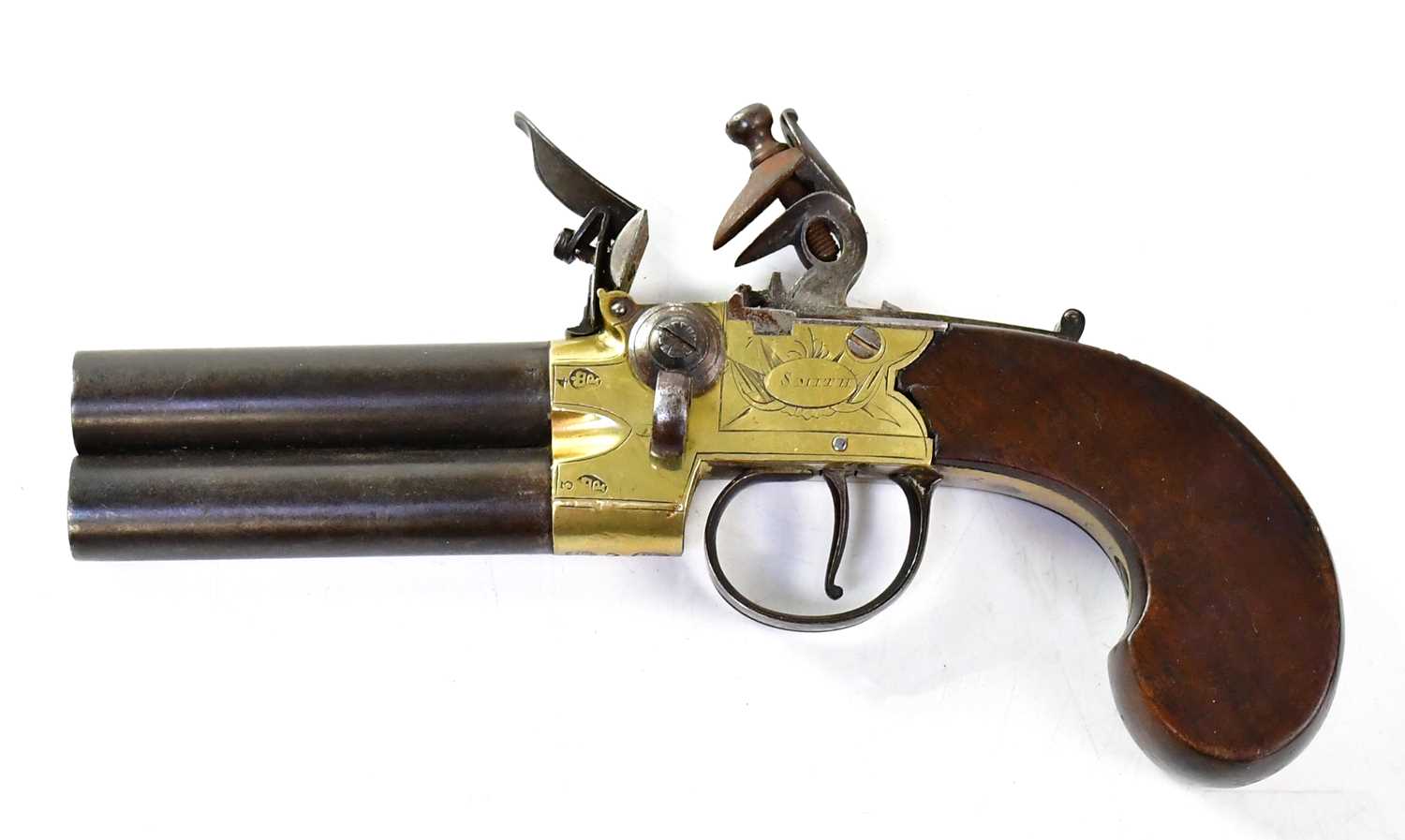 SMITH, NEWCASTLE; an early 19th century over/under 50 bore flintlock pistol with 3" turn-off - Image 2 of 2