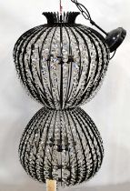 A large contemporary black nickel double bag Bohemian crystal ceiling light with six LED fittings in