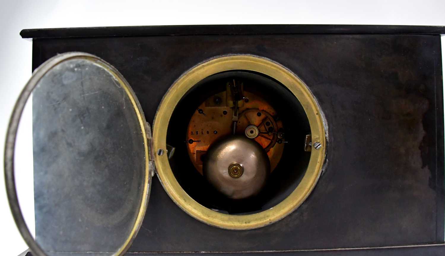 A Victorian slate mausoleum eight-day mantel clock, the enamelled dial set with Roman numerals, - Image 2 of 2