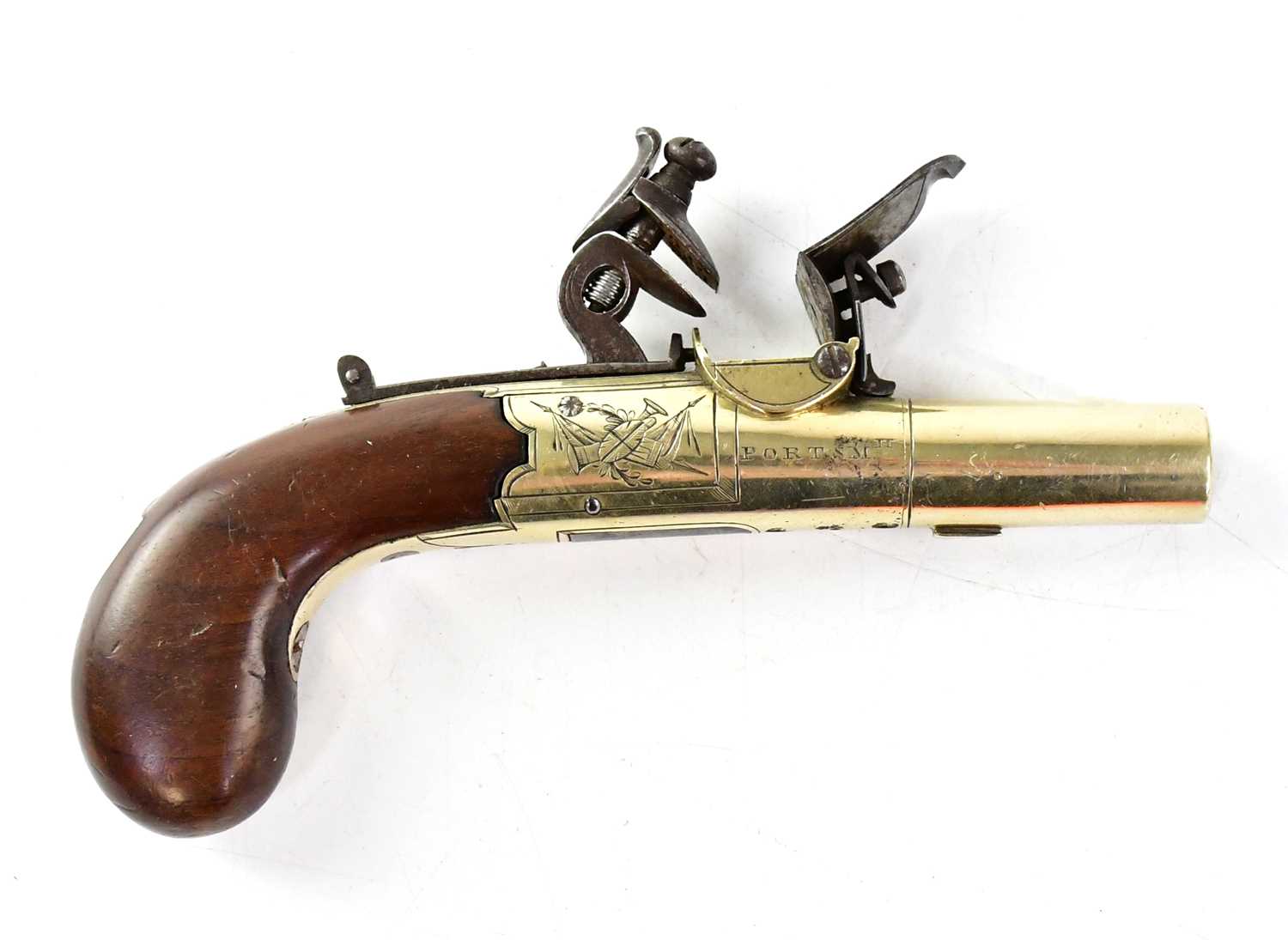 DUDLEY, PORTSMOUTH; a late 18th/early 19th all brass 54 bore flintlock pocket pistol with 1.5"