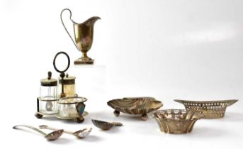 Various items of hallmarked silver comprising a shell-shaped open salt, a pierced basket, a helmet-