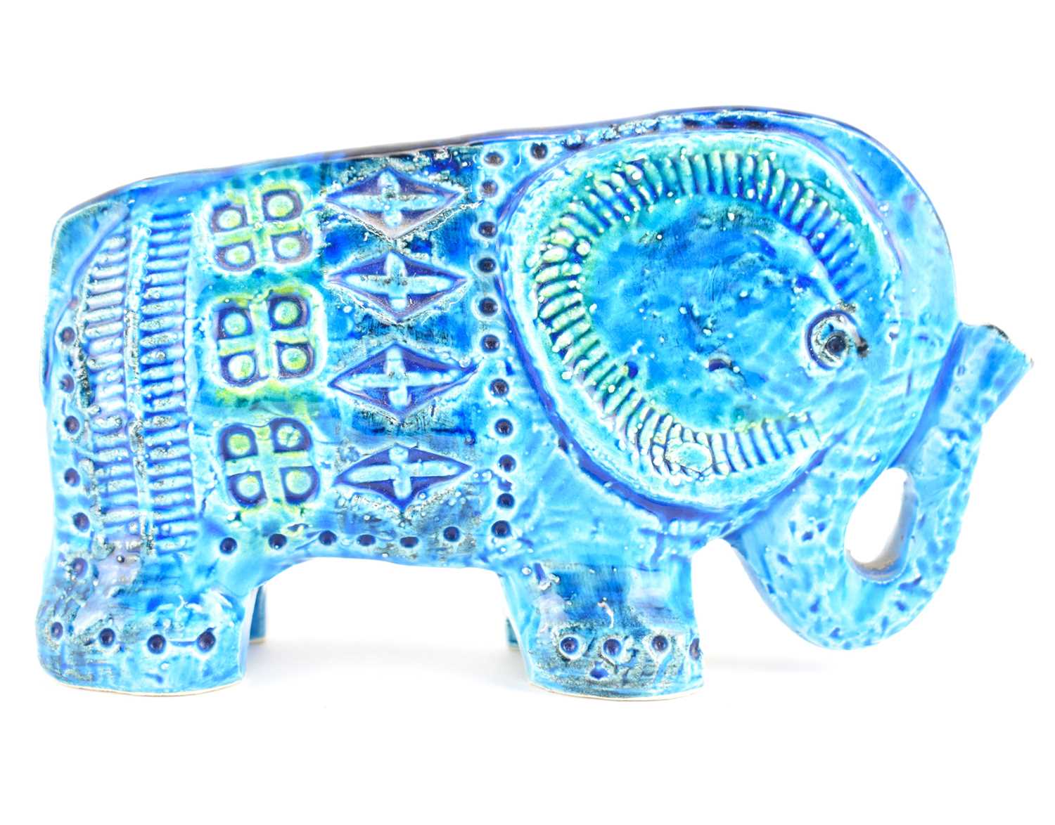 ALDO LONDI FOR BITOSSI; an Italian ceramic elephant decorated with the Rimini blue glaze, with - Image 2 of 4