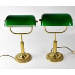 A pair of library lamps with green glass shades, height of each 38cm (2). Condition Report: - This