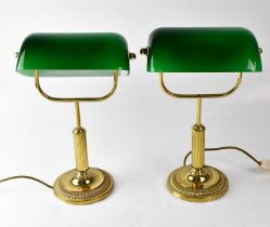 A pair of library lamps with green glass shades, height of each 38cm (2). Condition Report: - This