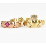 A 9ct gold Claddagh ring, size R, a 9ct gold thin buckle ring, size O, and a 9ct rose gold