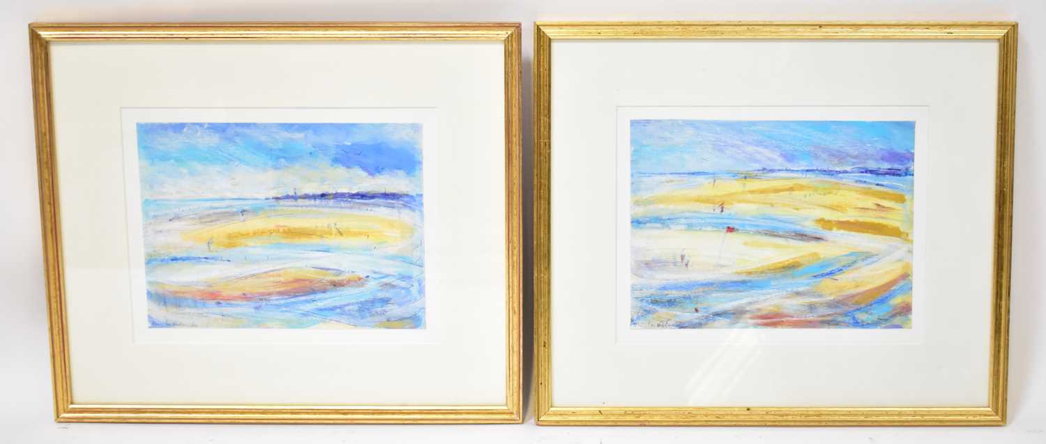 † PAULA VELARDI (British, 20th century); pair of oils on canvas, 'Southport Blackpool' and 'Low Tide