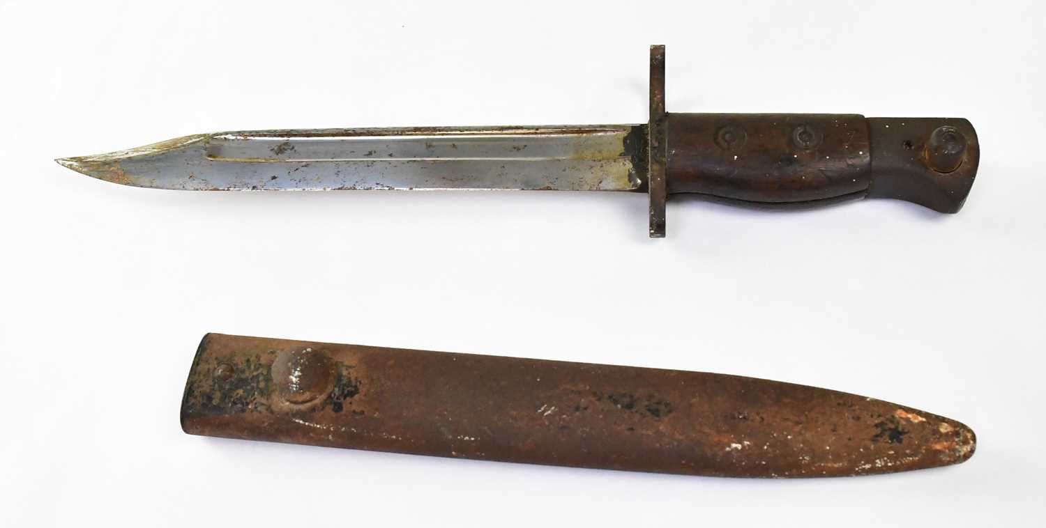 A WWII period Lee Enfield no. 5 MkII bayonet, with 8" single edge fullered blade with clipped tip