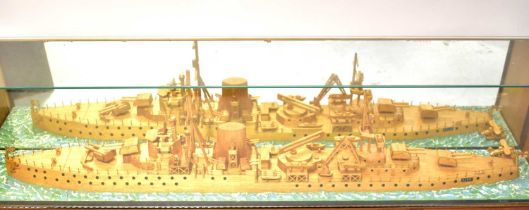 A large unusual scratch-built matchstick scale model of a WWI single-funnel battleship, with applied