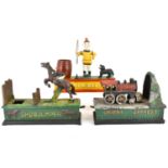 Three replica cast iron money banks comprising 'Trick Dog', 18 x 20.5cm, 'Orient Express', 15 x