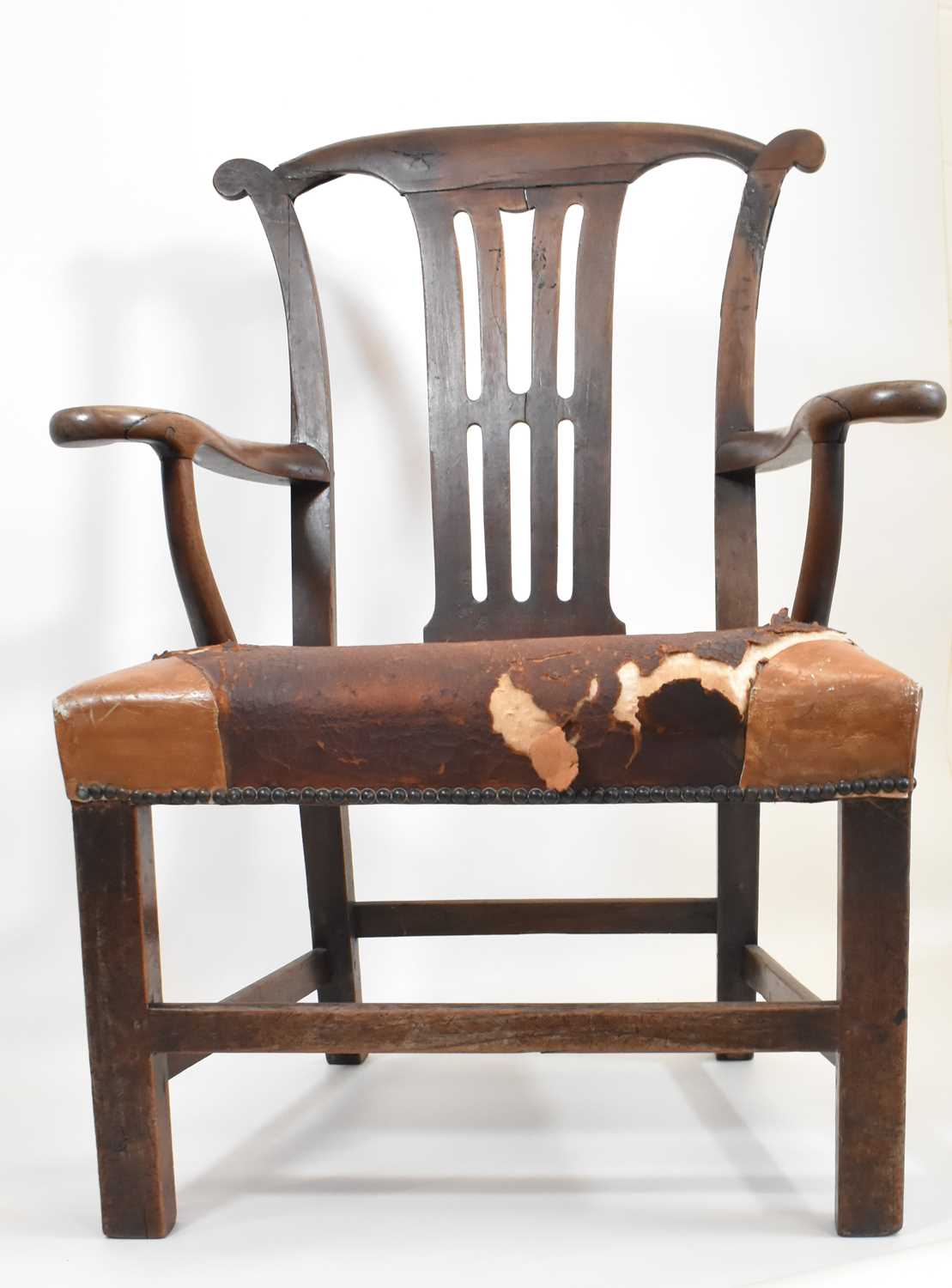 A George III oak armchair with yoke-shaped top rail, pierced back splat, scroll arms, stuffed - Image 3 of 5