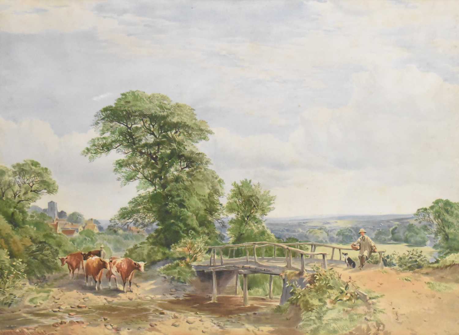 HENRY JUTSUM (1816-1869); watercolour, farmer moving cattle over wooden bridge, signed and dated - Image 2 of 3