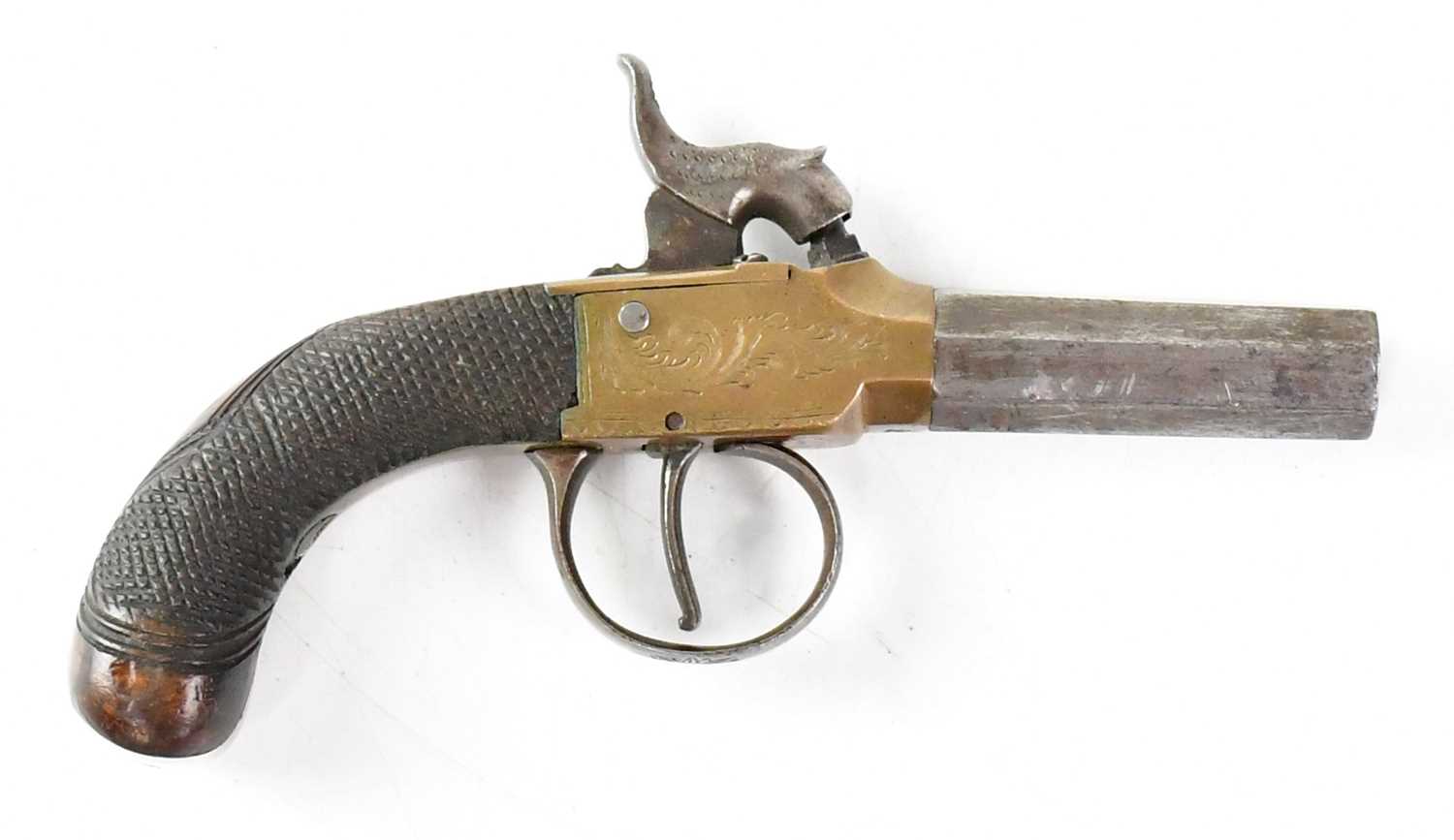 A 19th century 120 bore percussion cap pocket pistol, 2.75" octagonal turn-off barrel, brass box