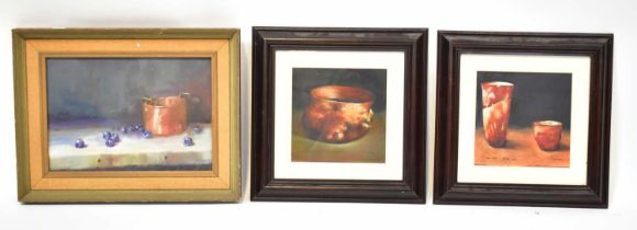 † PAUL STONE; a pair of oils on board, 'Sienna Pot' and 'Two Pots', still life studies, both signed,