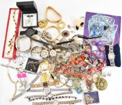 A collection of modern costume jewellery to include earrings, brooches, necklaces, watches, etc.
