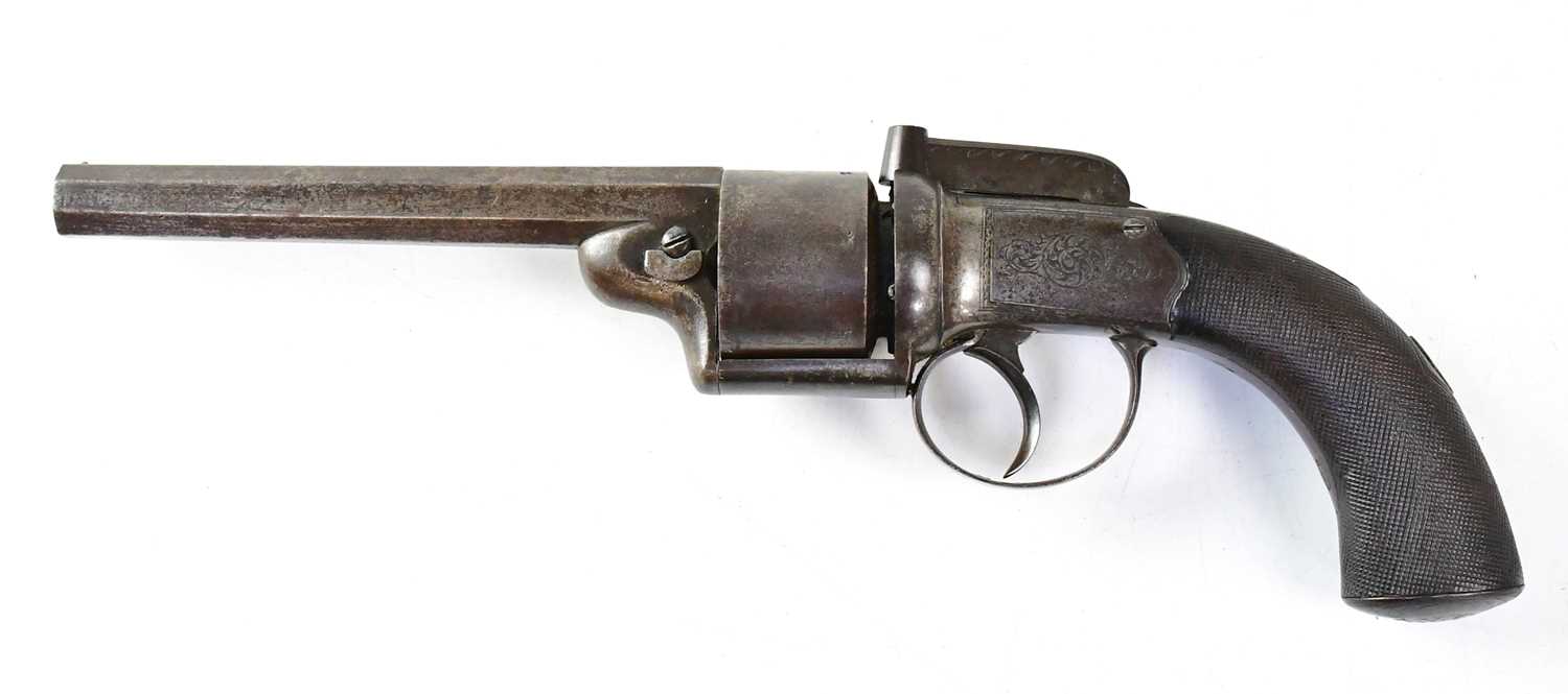 A 19th century 50 bore caplock six shot transitional revolver, 5.75" octagonal barrel with unusual - Image 6 of 6