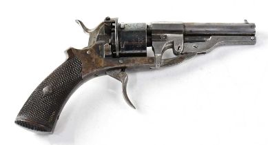 A Belgian 7mm double action pinfire six shot revolver with folding trigger, 3 1/2" part octagonal