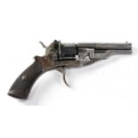 A Belgian 7mm double action pinfire six shot revolver with folding trigger, 3 1/2" part octagonal