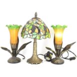 A small modern Tiffany-style table lamp with grape and leaf design, height 32cm, and a pair of