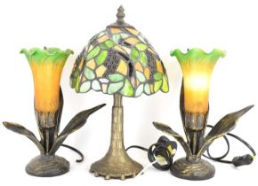 A small modern Tiffany-style table lamp with grape and leaf design, height 32cm, and a pair of