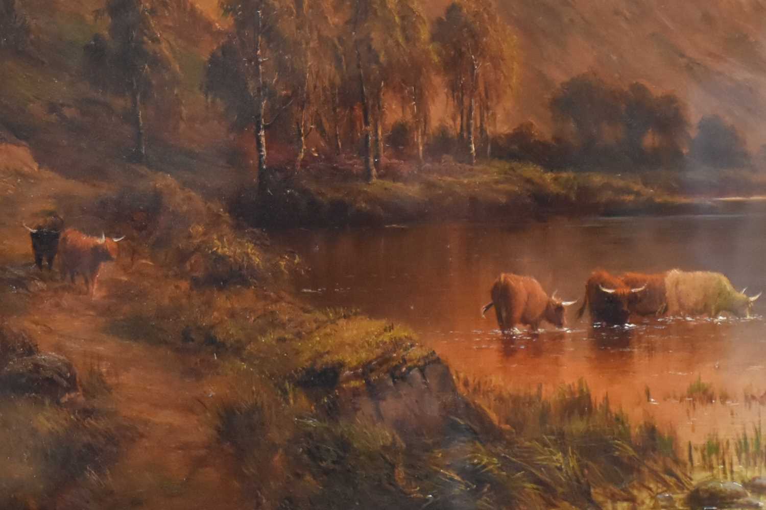 ALFRED DE BREANSKI SNR (1852-1928); oil on canvas, cattle drinking at a loch in Scottish Highlands - Image 7 of 11