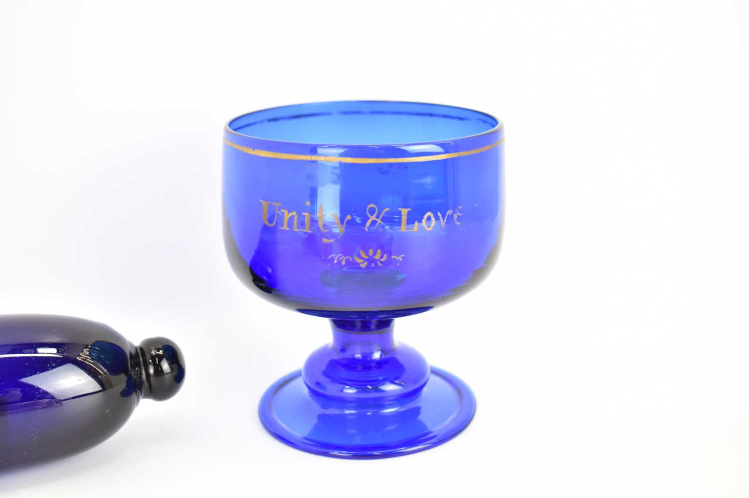 Three pieces of 19th century glassware comprising a Bristol blue cup with gilt wording 'Unity & - Image 2 of 4