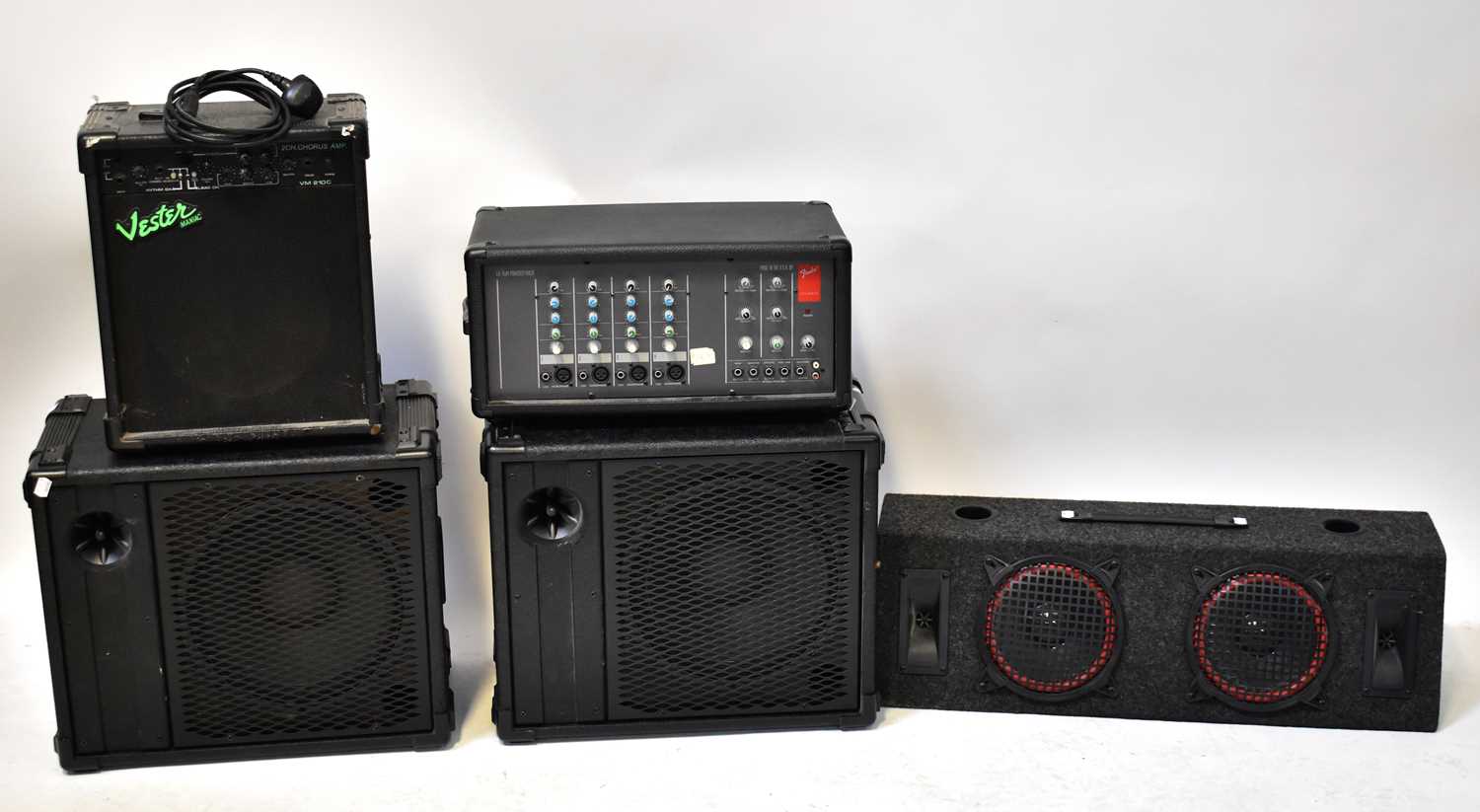FENDER; an LX-1504 Powered Mixer, a Vester Maniac VM210C amplifier, an MB820 speaker and a pair of