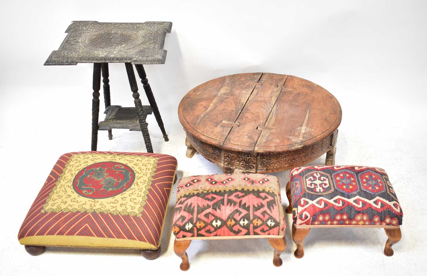 An Indian carved hardwood side table with square top, together with a teak circular low coffee
