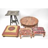 An Indian carved hardwood side table with square top, together with a teak circular low coffee