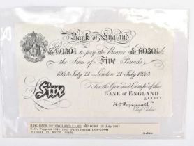 BANK OF ENGLAND; a £5 note 'white fiver', July 21st 1943, no. 387 60301, first period, Chief Cashier