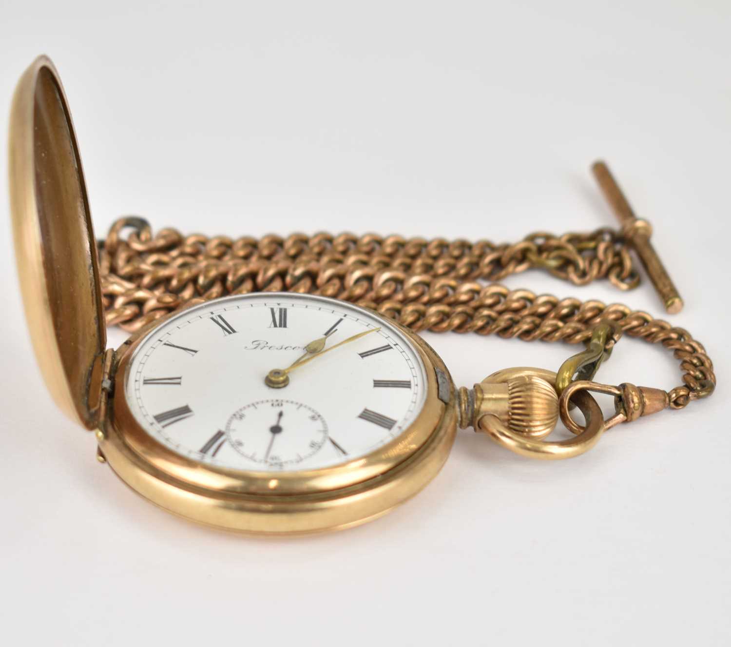 LANCASHIRE WATCH CO; a Prescot gold plated full hunter pocket watch, the white enamelled dial set - Image 2 of 3