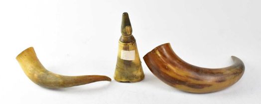 A 19th century horn powder flask with threaded cap, height 18cm and two cow horns (3).