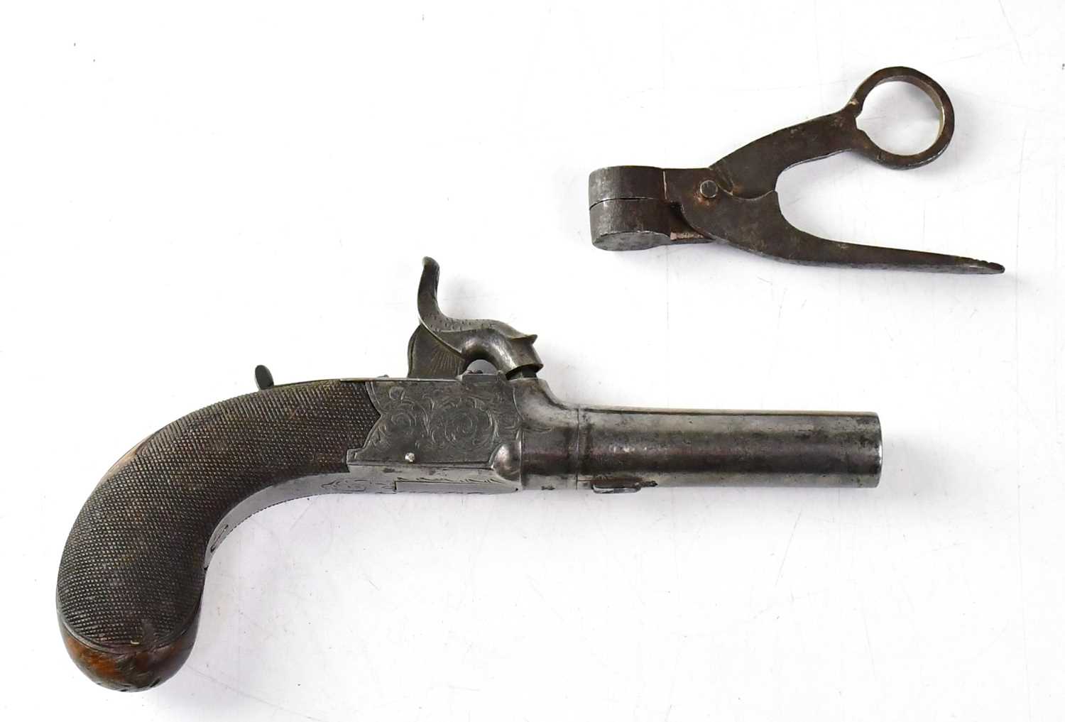 A 19th century 60 bore percussion cap pocket pistol with 2.5" turn-off barrel, box lock engraved