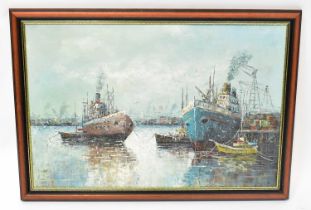 † BERNARD (20th century); oil on canvas, boats moored in a harbour, signed lower right, 59.5 x 90cm,