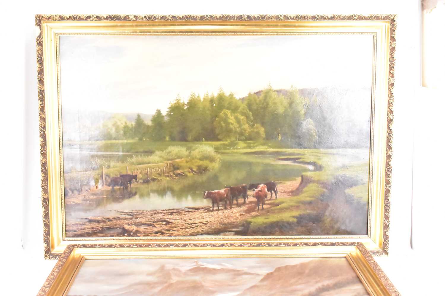 UNATTRIBUTED; 19th century oil on canvas, cattle by riverside with woodland and hills to the - Image 2 of 3