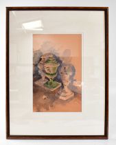 † ROB PIERCY (born 1946); watercolour, 'Damaged Urns', depicting three garden urns against a wall,