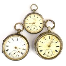 Three hallmarked silver cased open face pocket watches, the white enamelled dials set with Roman