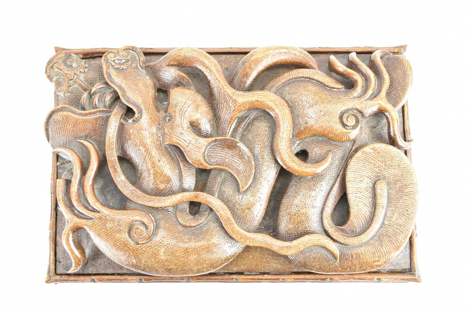 A large wooden box with carved dragon and serpent lid, with internal tray and loose dividers, 12 x - Image 2 of 5