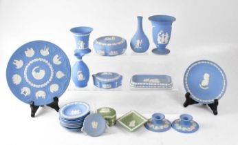 WEDGWOOD; a quantity of mainly light blue jasperware to include a 10th Anniversary Christmas