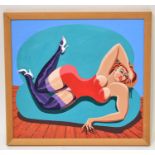 † JOHN HASLAM (20th century); oil on board, study of a reclining scantily dressed female, signed and