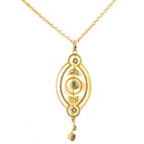 A 9ct gold Edwardian open pendant with bezel set blue stones and seed pearls, on 9ct gold chain with