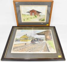 † DON MILLAR (born 1923); two pencil and watercolour on paper, Garstang Town train station with