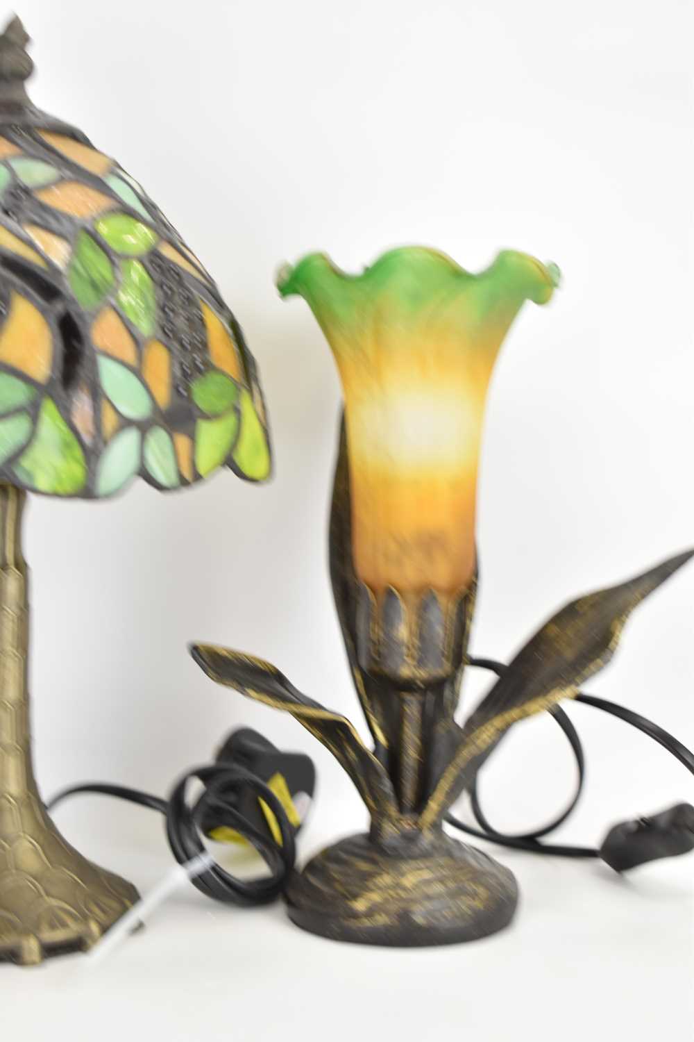 A small modern Tiffany-style table lamp with grape and leaf design, height 32cm, and a pair of - Image 4 of 4