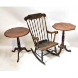 An Edwardian stained wooden rocking chair on turned supports, together with an Edwardian mahogany