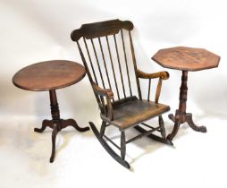 An Edwardian stained wooden rocking chair on turned supports, together with an Edwardian mahogany