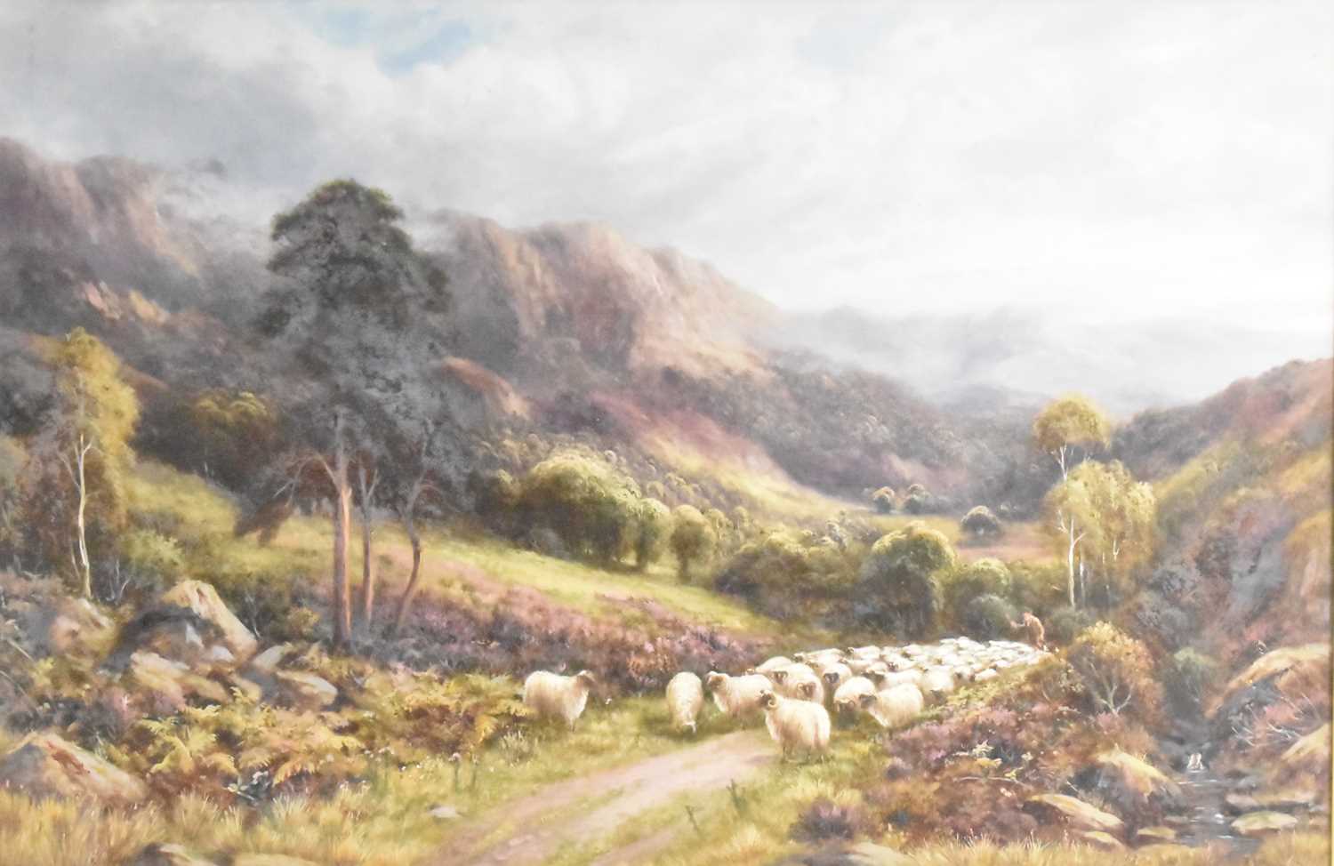 ROBERT JOHN HAMMOND (active 1879-1911); oil on canvas, a shepherd driving cattle on a mountain - Image 2 of 3