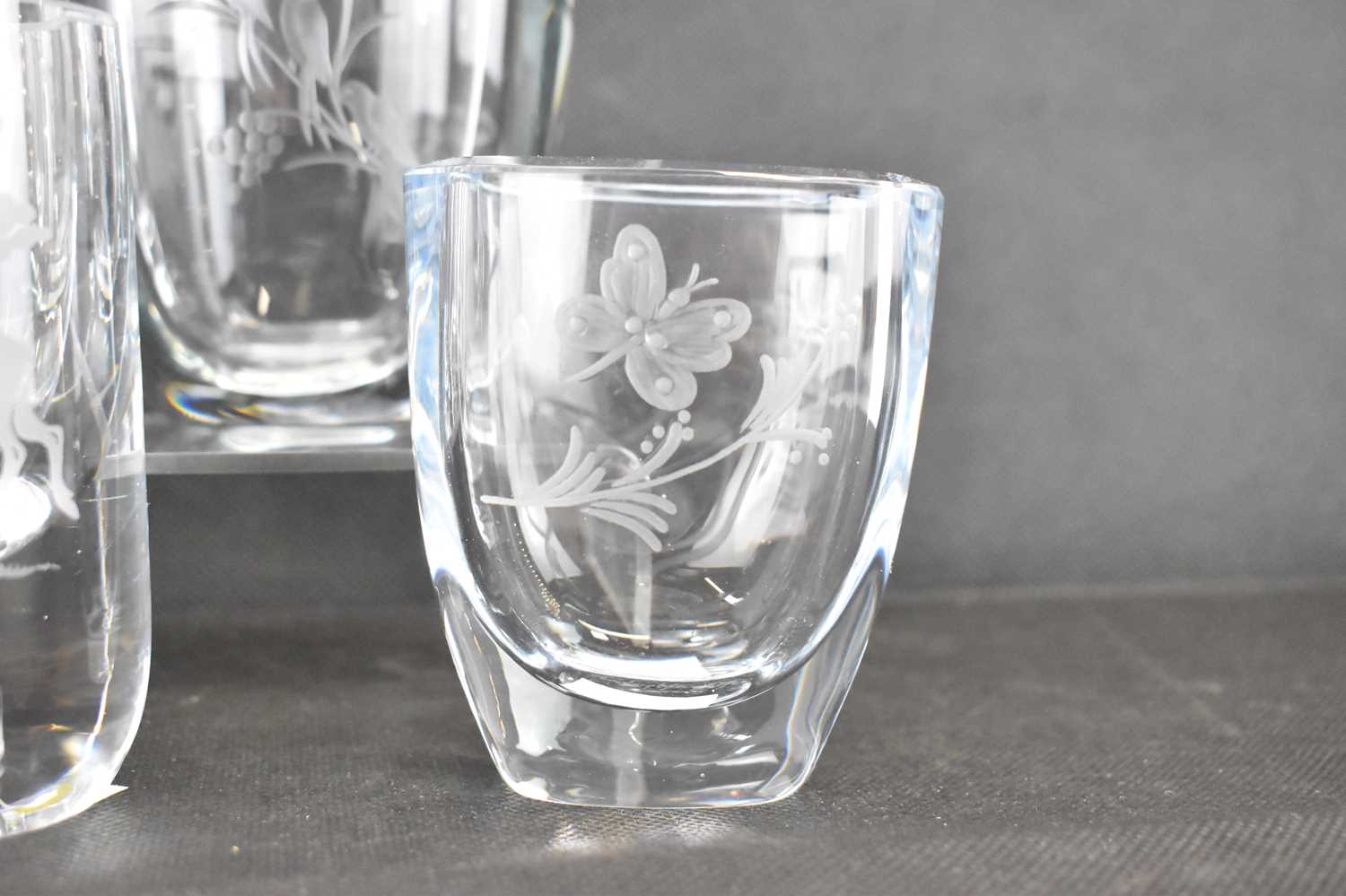 Five clear lead crystal Scandinavian vases to include Stromberg's Hyttan Sweden, engraved with image - Image 2 of 6