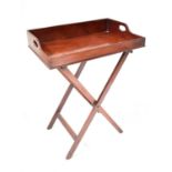 A 19th century mahogany butler's tray on folding stand, 99 x 75 x 49cm. Condition Report: Top has