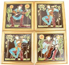 MAW & CO; four 1970s hand-painted Majolica revival decorative tiles, comprising two identical